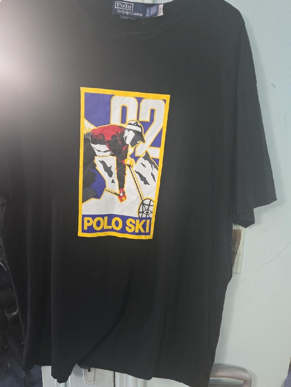 Polo by Ralph Lauren Black Tee with Red, Yellow & Purple Ski Graphic